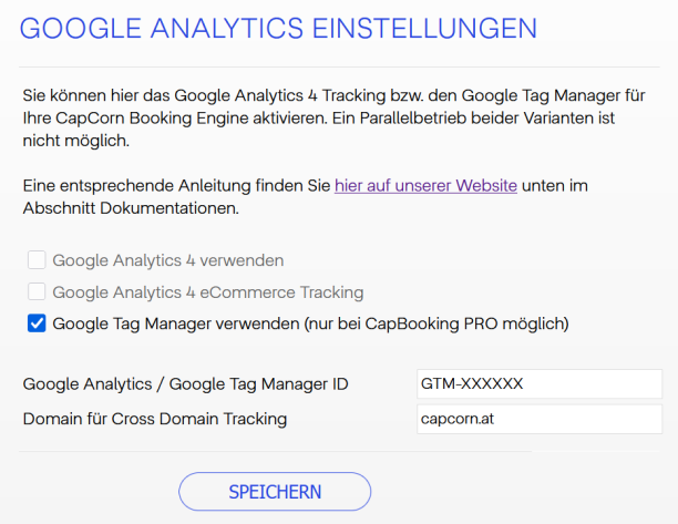 Wartungsportal: Google Analytics Einstellungen mit aktivierter Option Google Tag Manager